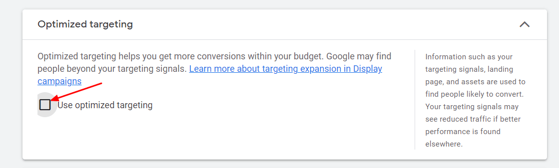  turn off “Optimized targeting”, this setting is just under the audience segment settings. 