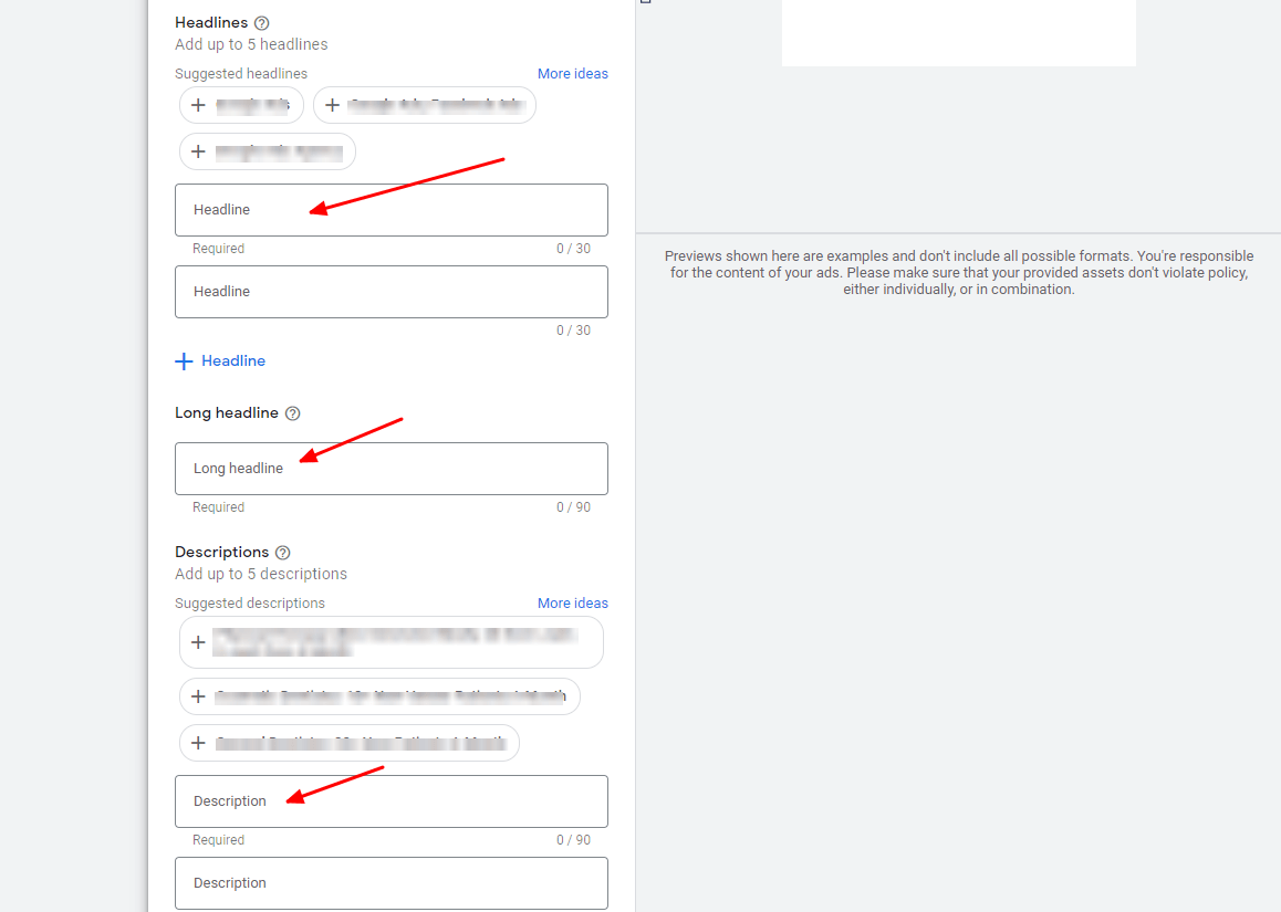 Write your headlines, long headlines, and descriptions.