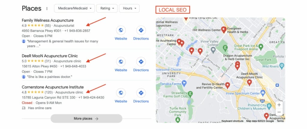local SEO results for acupuncture search