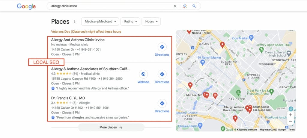 local SEO results for allergy clinic search