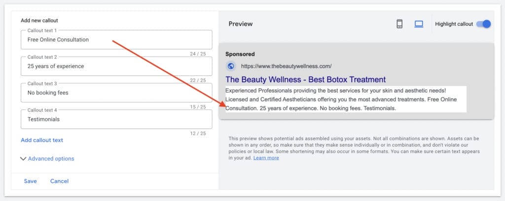 adding callouts example for ppc campaign for aesthetic clinics