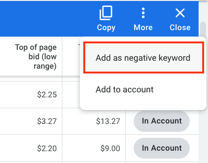 adding negative keywords from keyword planner to ppc campaign