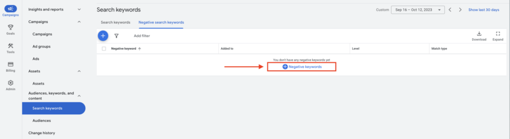 adding negative keywords to ppc campaign
