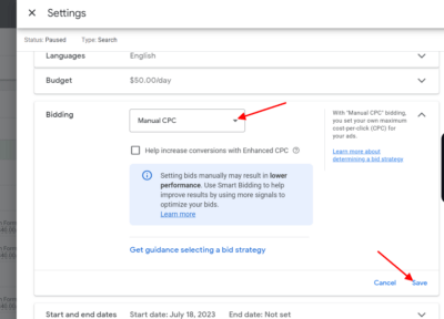 change to manual cpc bidding strategy
