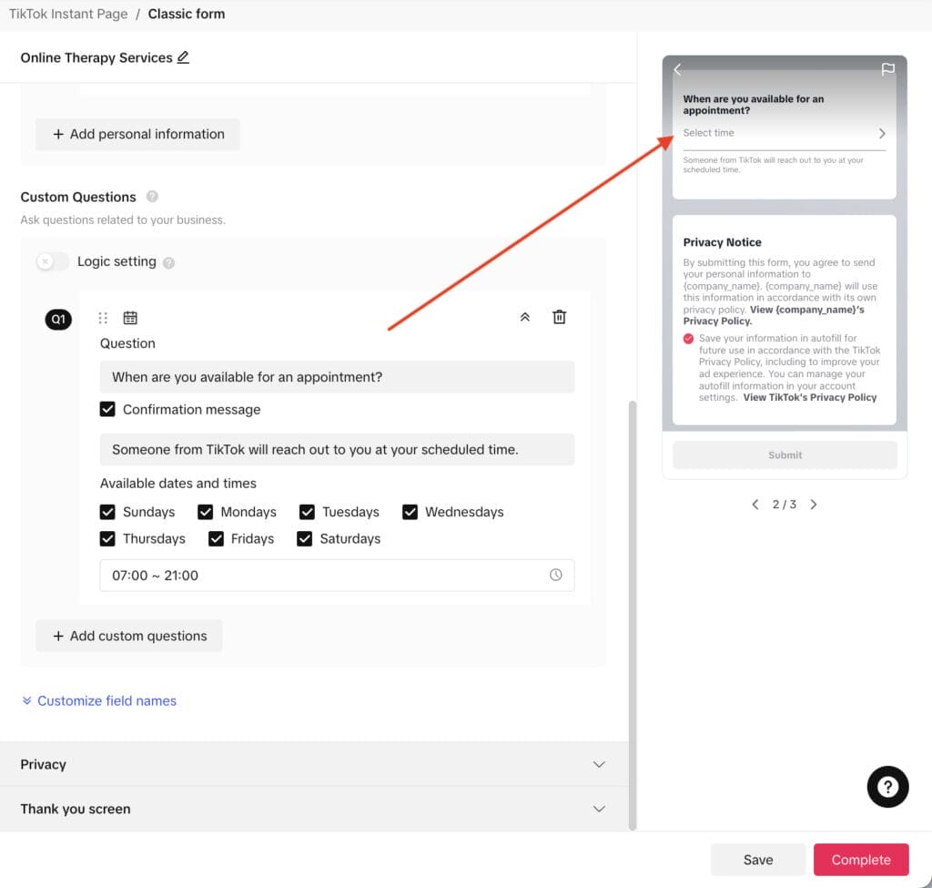 custom question with appointment schedule feature for tiktok campaign for therapy clinic