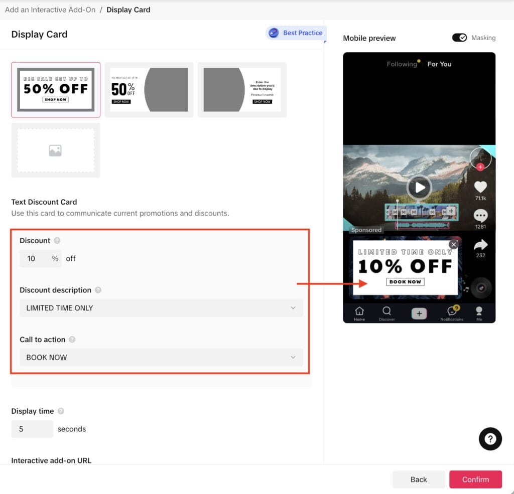 adding a display card with 10% off for tiktok campaign