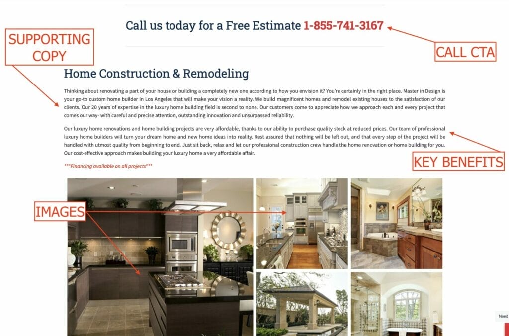 general construction landing page example with supporting copy