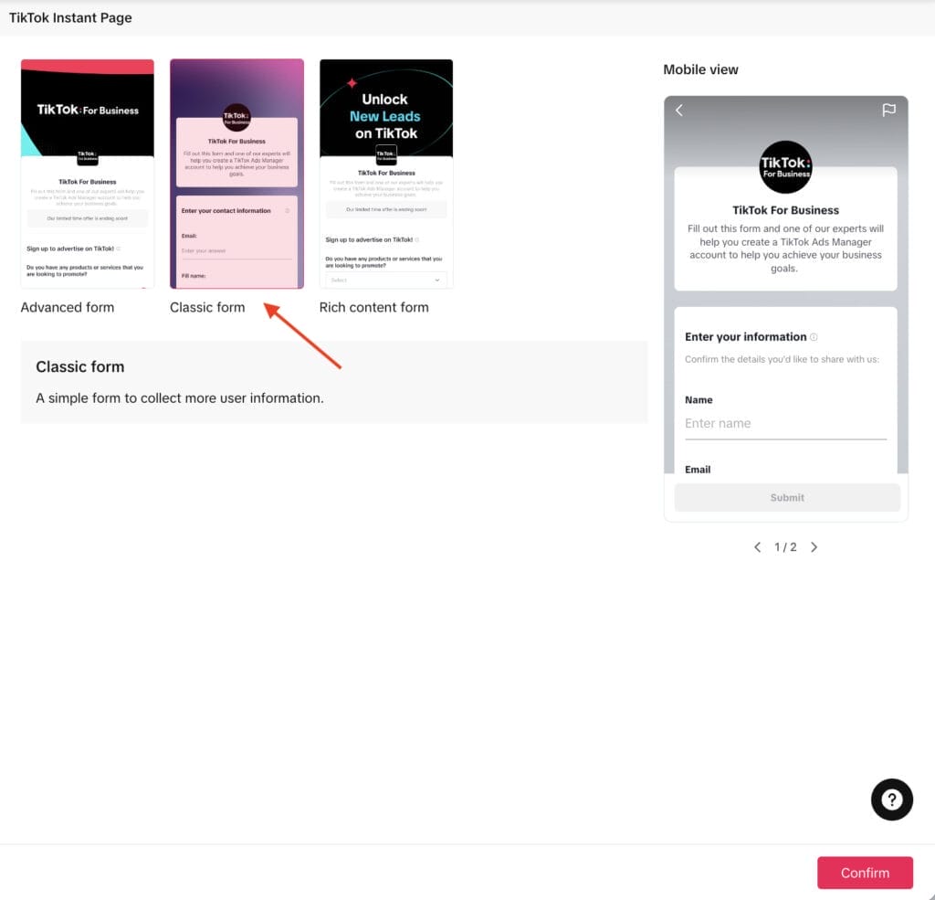 instant page forms available for tiktok campaigns