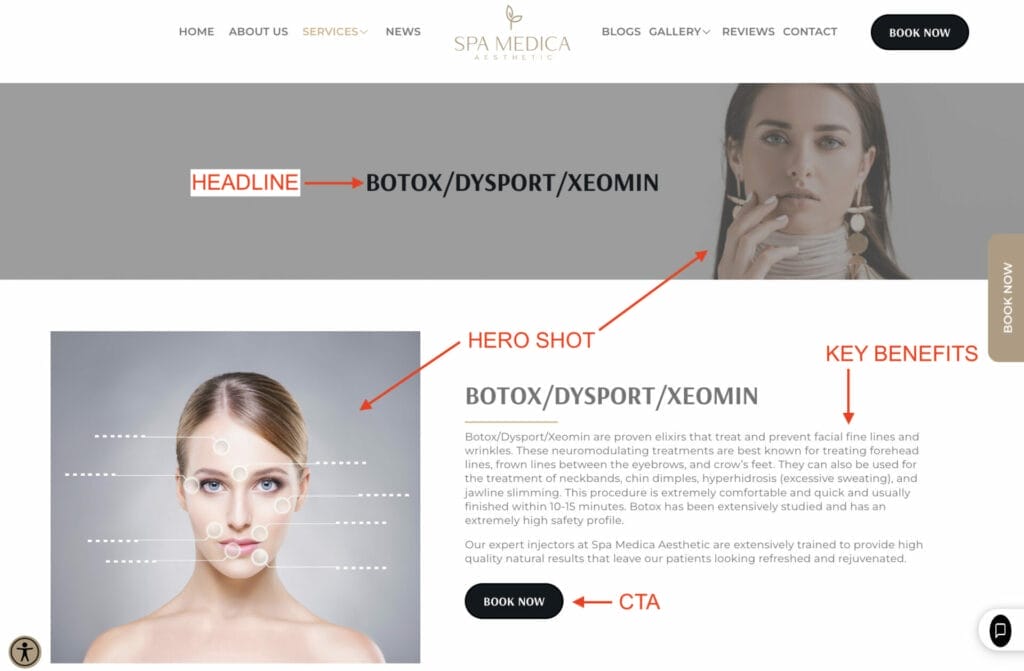 landing page example for aesthetic clinic service for botox