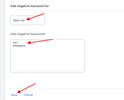 add negative keyword list on google ads