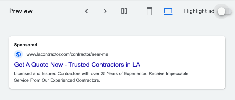 preview of campaign for general contractors in desktop view