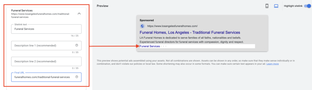 adding sitelinks for ppc campaign for funeral services