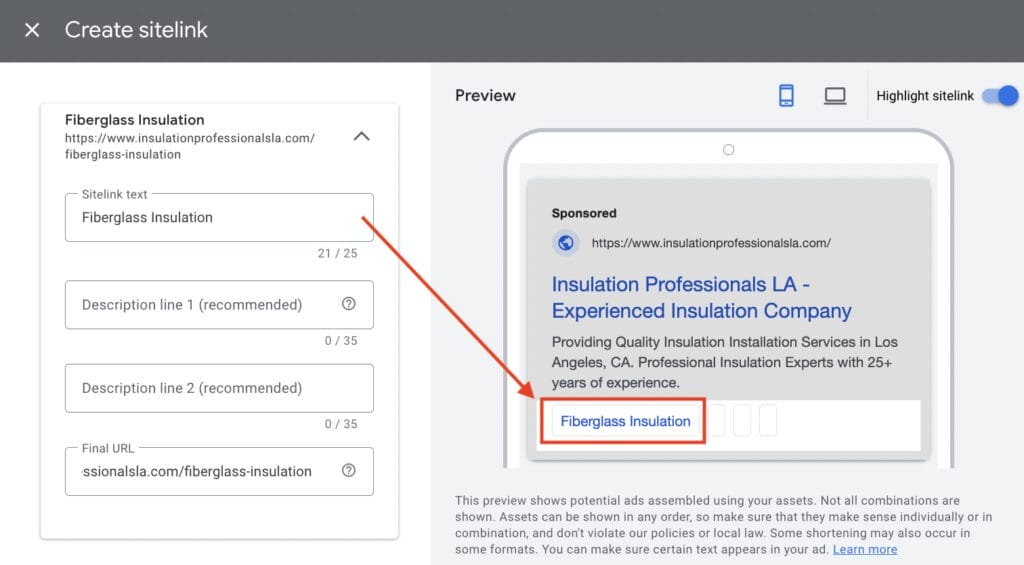 creating sitelinks for insulation ppc 