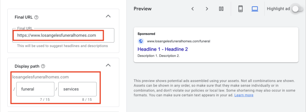 funeral services for final url and display path