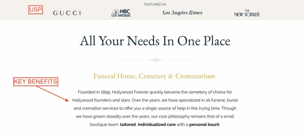 funeral service page highlighting unique selling proposition and key benefits