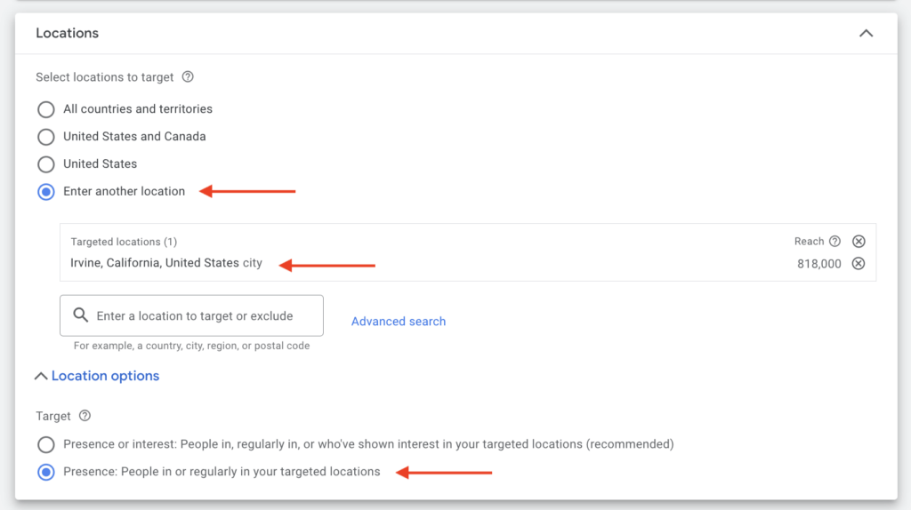 location settings using irvine as demographics