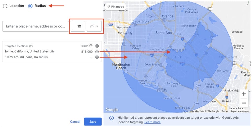 location settings using radius option for irvine demographic
