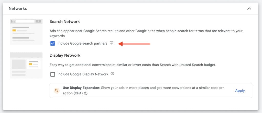 network settings using search network for ppc campaign