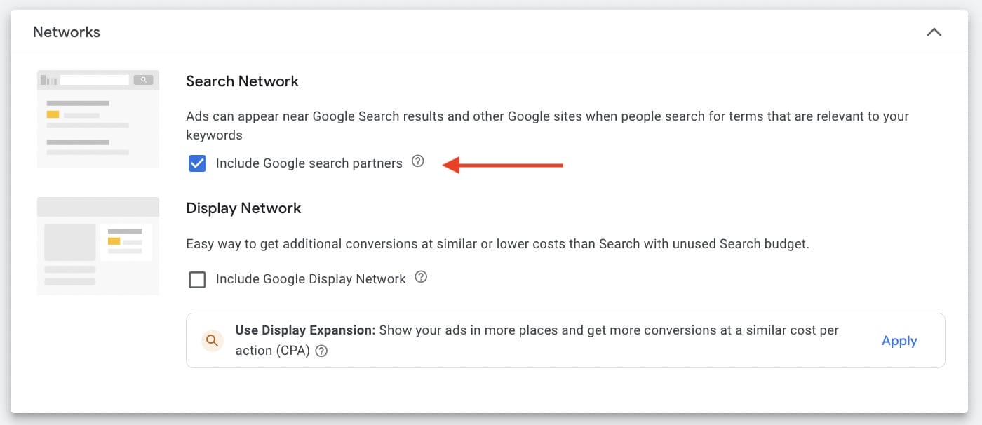 network settings using search network for ppc campaign