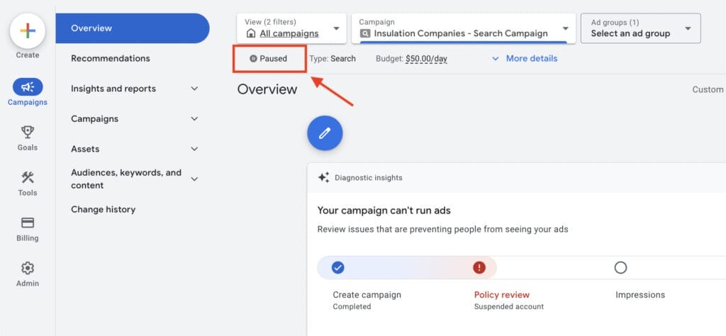 pausing ppc campaign for insulation business