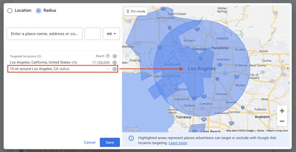 radius setting for LA using 15 mile setting
