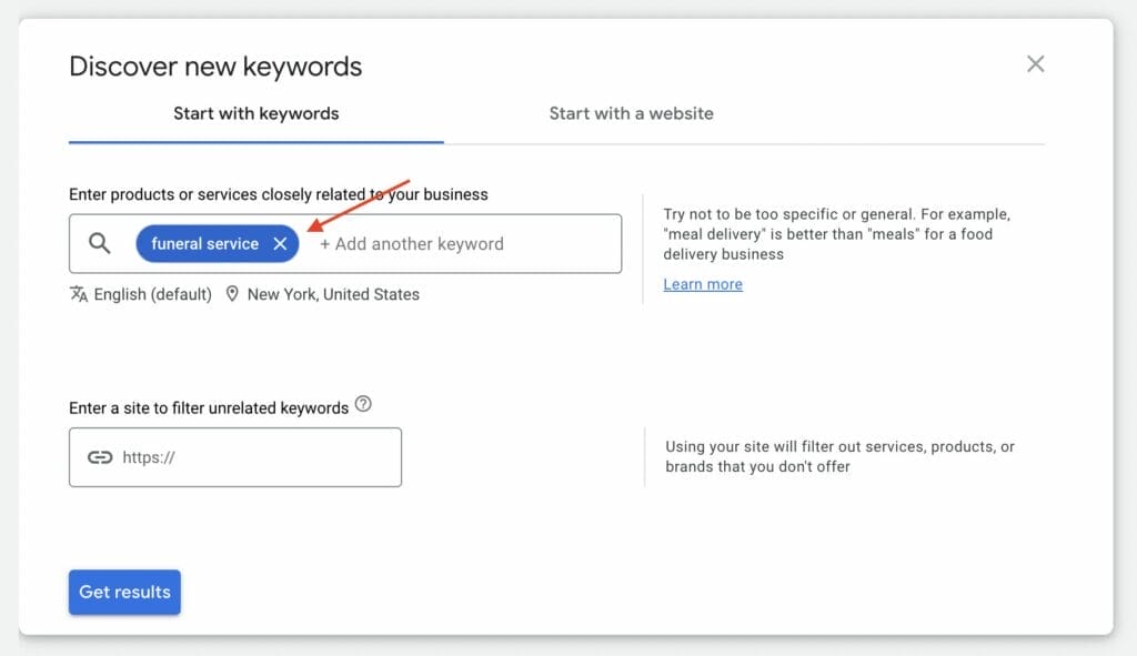 keyword planner for funeral search