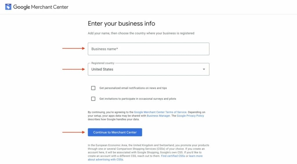 entering business information for gmc account