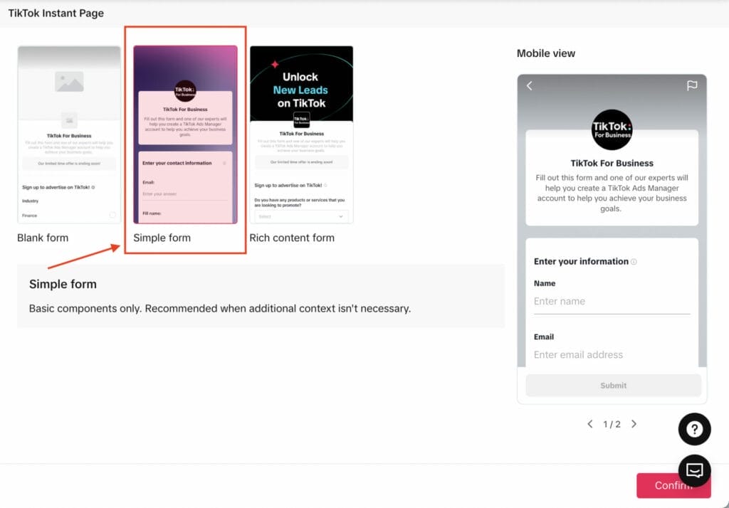 instant page settings for tiktok campaign