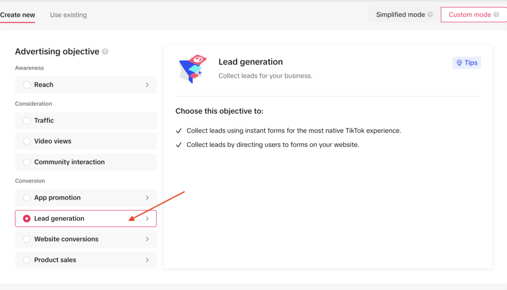 lead generation as campaign objective