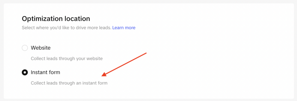 optimization location settings with instant form for tiktok campaign