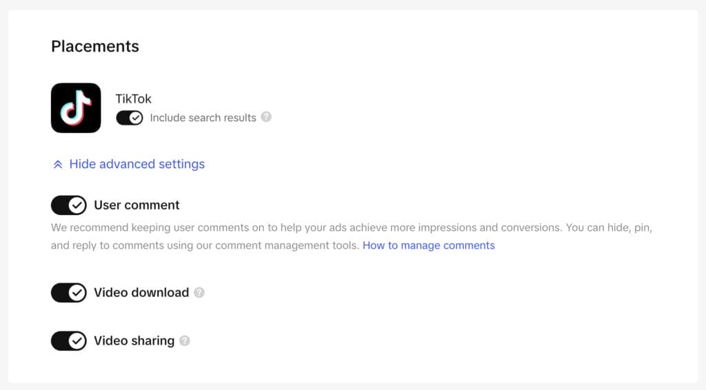 placement settings for tiktok campaign