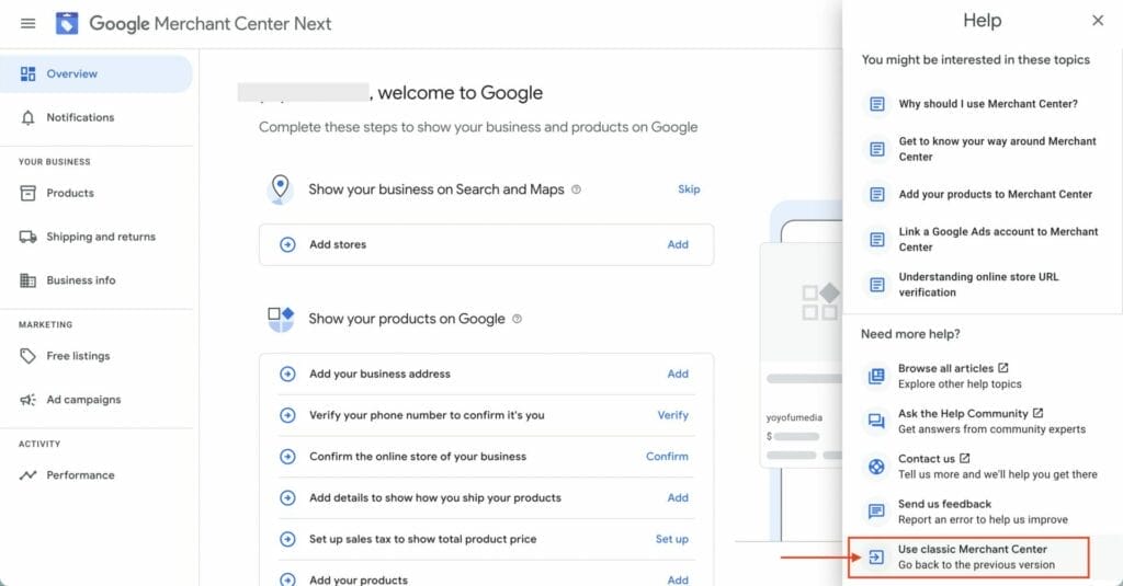 selecting classic merchant center