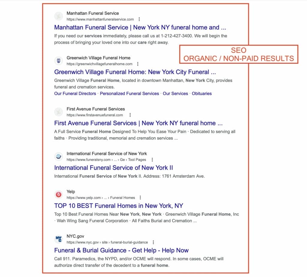 SEO For Cremation and Funeral Services organic results seo for funeral services in new york