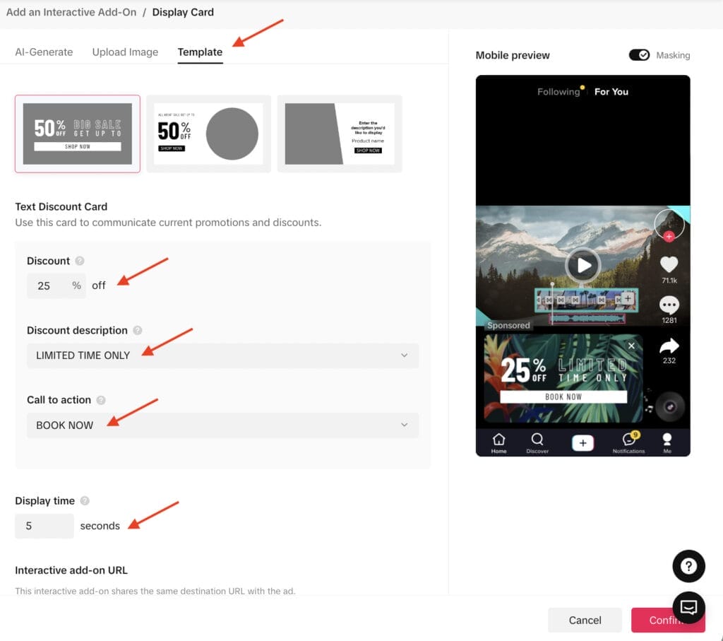 display card settings for tiktok camapign
