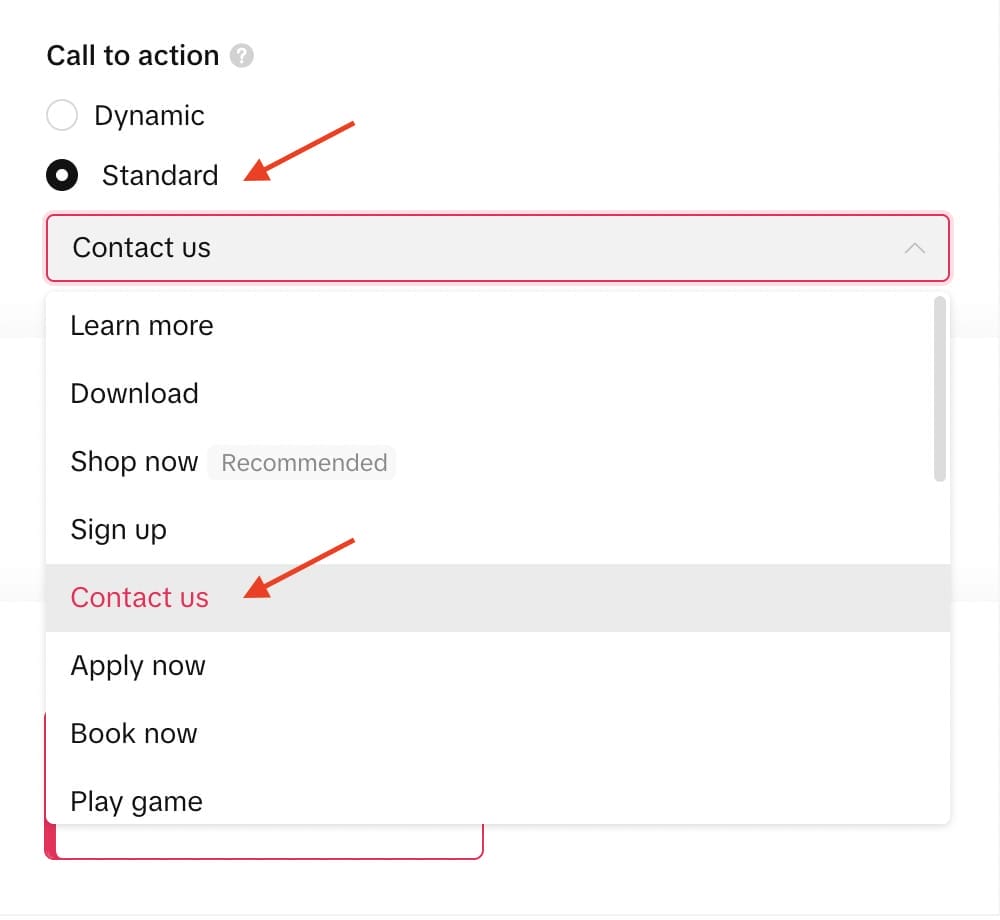 text options for standard cta settings