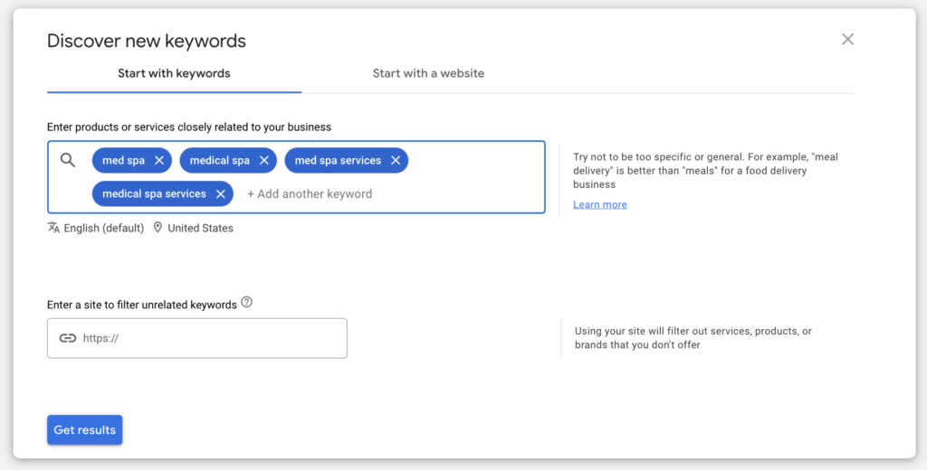 searching for keywords using keyword planner for med spa campaign