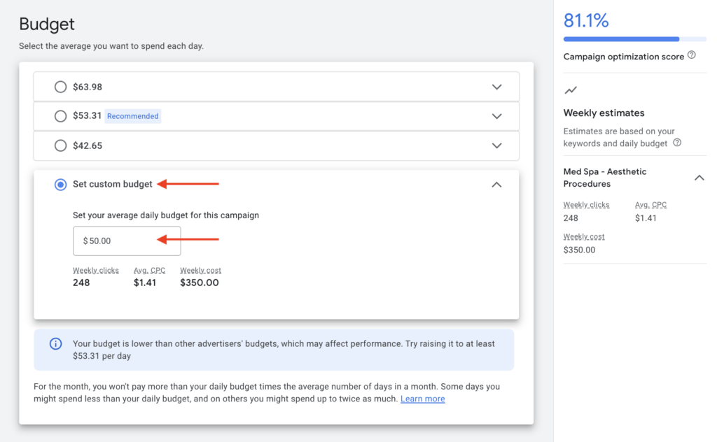 manual cpc for budget and campaign optimization score for 50 usd