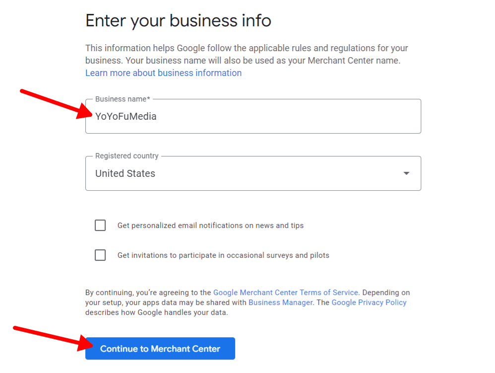 enter your business info on Google Merchant Center