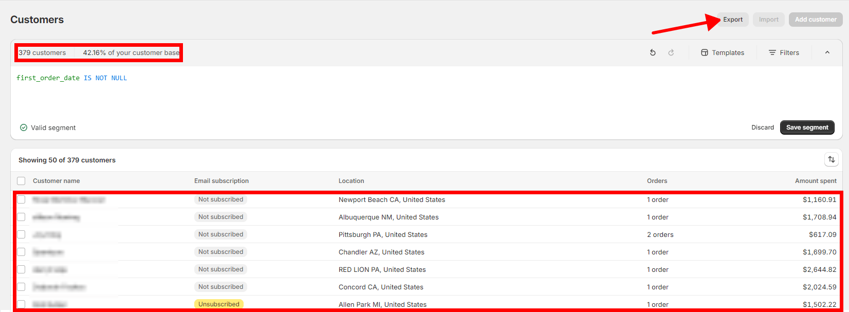 list of filtered customers on Shopify