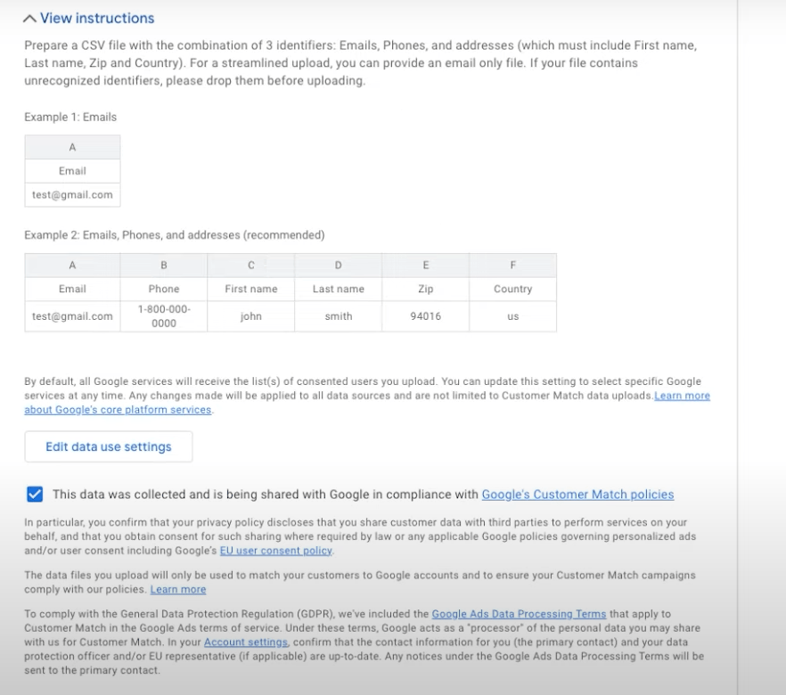 CSV file formatting instruction - how to upload customer list to Google Ads