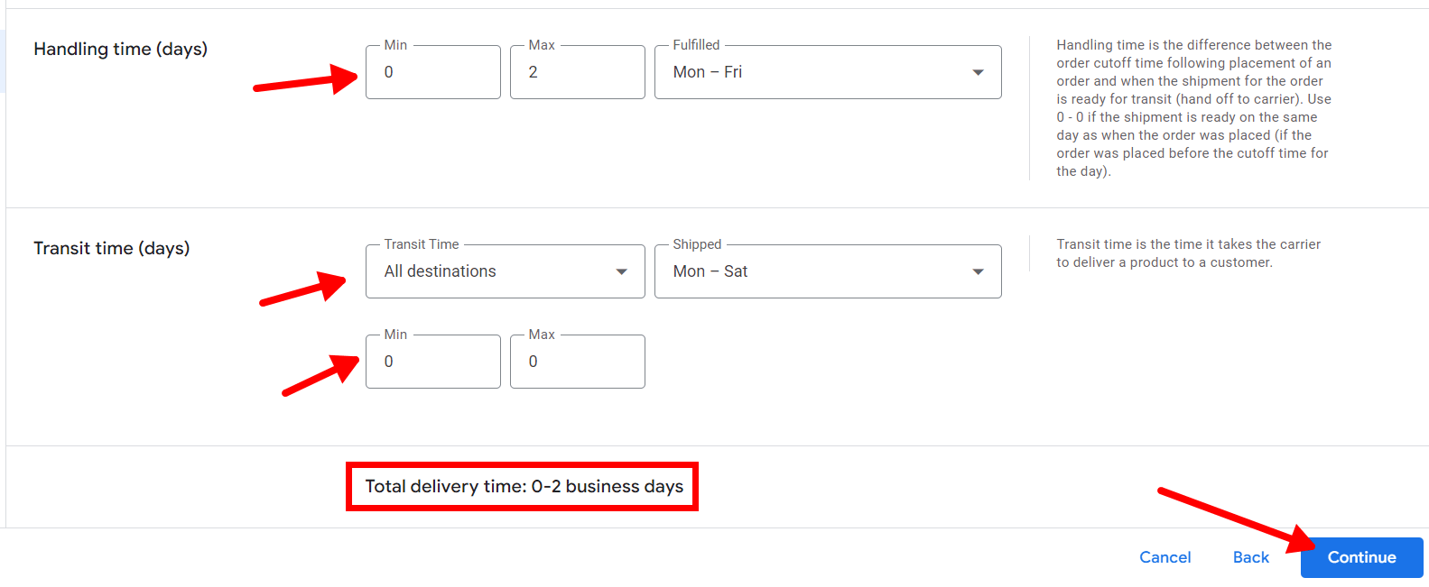 set handling time for shipping