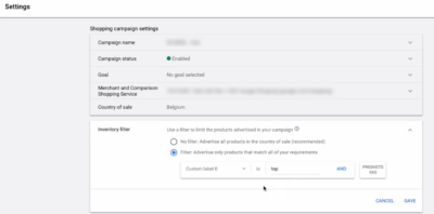 set inventory filter on shopping campaign