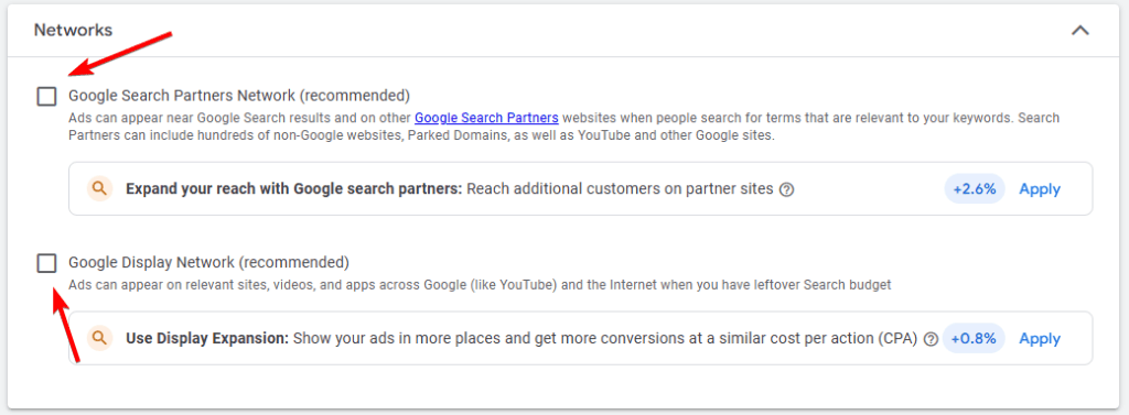 network settings for ppc campaign