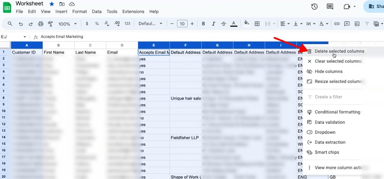 delete selected columns on Google Sheet