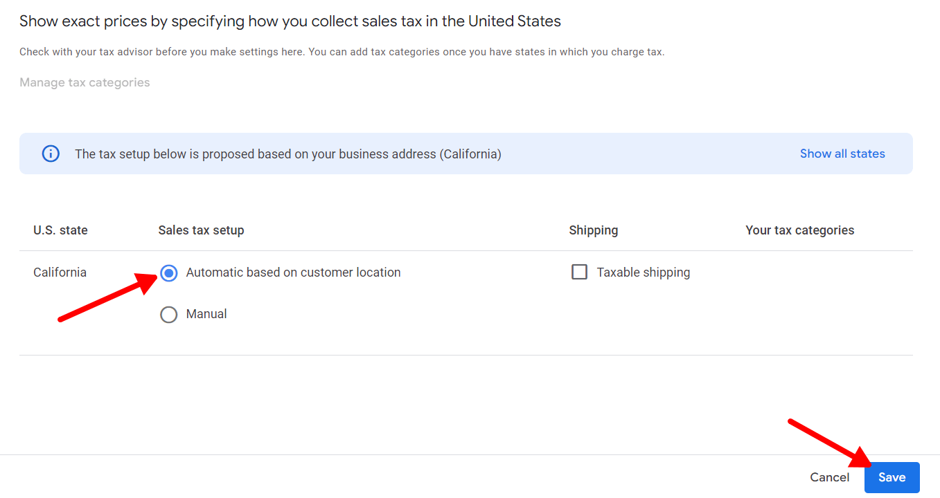 sales tax setup for Google Merchant Center