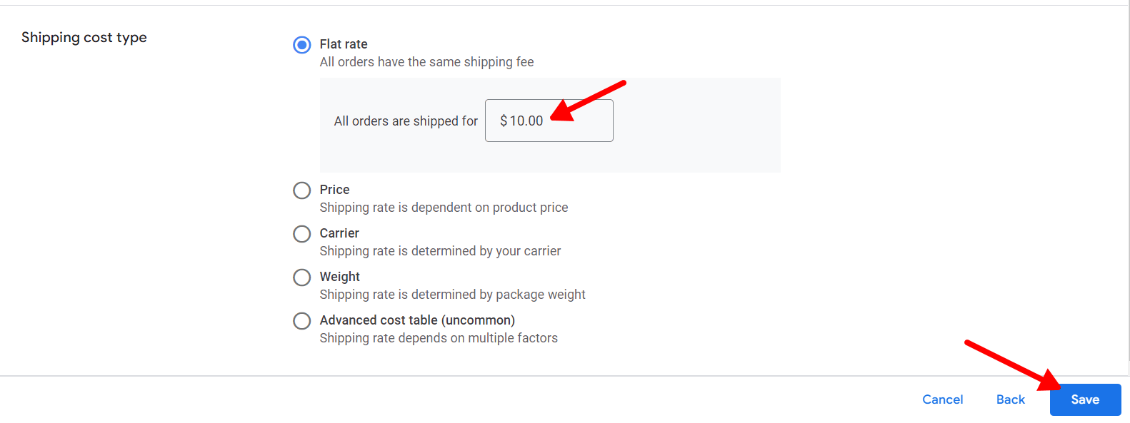 select shipping cost type