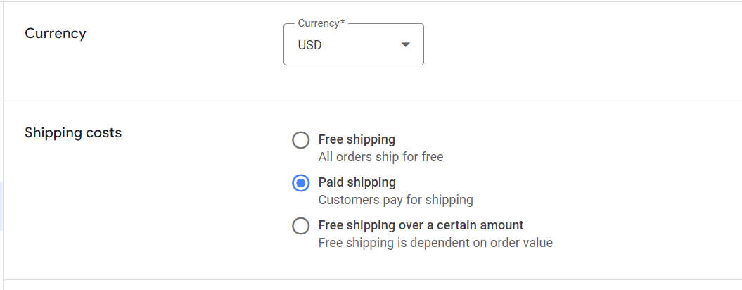 enter currency and shipping costs