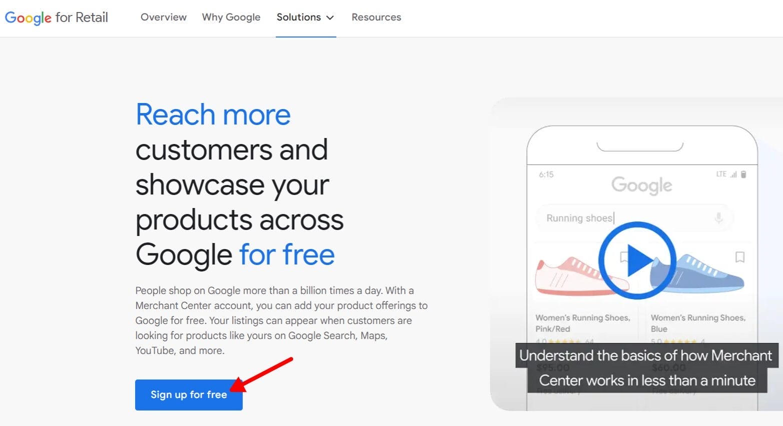 sign up for free on Google Merchant Center
