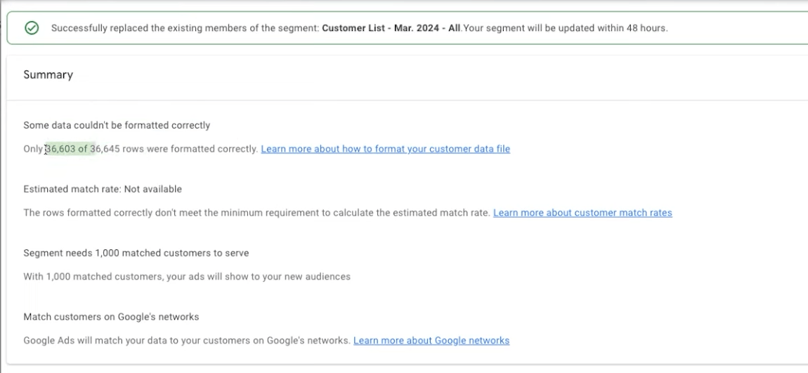 summary of your customer list upload