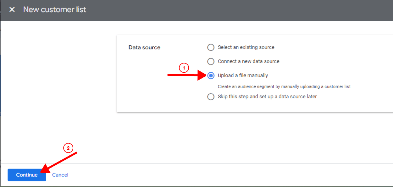 upload a file manually on new customer list